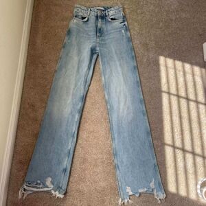 ZARA Wide Leg High waistes Jeans Light Wash Distressed Raw Hem Denim Women 2(26)